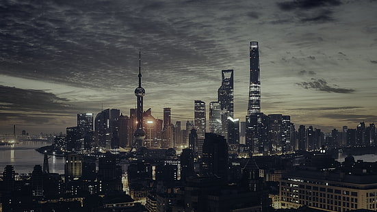 темно, городской пейзаж, ночь, Шанхай, Китай, HD обои HD wallpaper