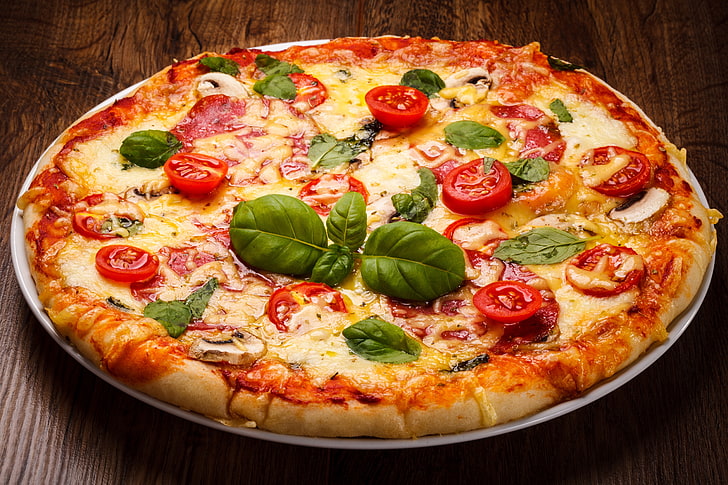 pizza, cheese, tomato, vegetables, fast food, Food, HD wallpaper