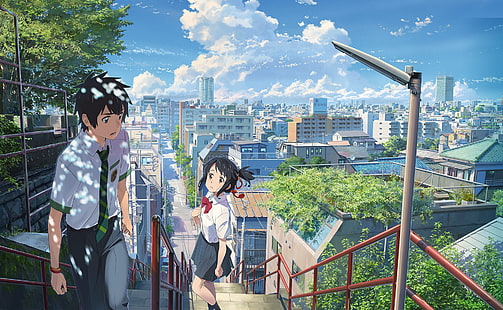 kimi no na wa, mitsuha miyamizu, taki tachibana, nubes, escaleras, paisaje urbano, anime, Fondo de pantalla HD HD wallpaper