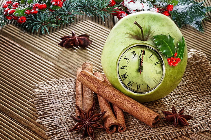 Holidays Christmas Clock Apples, holidays, christmas, 2015, clock, apples, new year, HD wallpaper