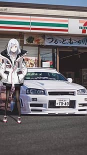 日産スカイラインR34、アニメの女の子、日本車、 HDデスクトップの壁紙 HD wallpaper