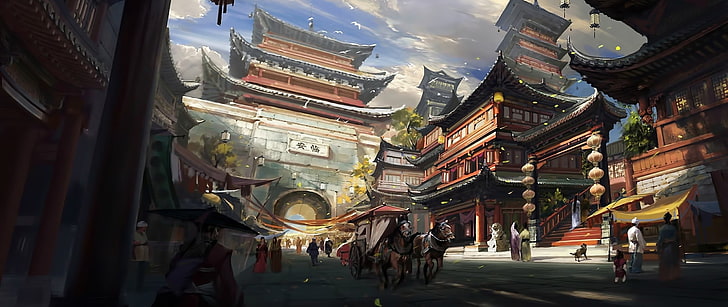 multicolored pagoda digital wallpaper, ultra-wide, fantasy city, artwork, fantasy art, China, HD wallpaper
