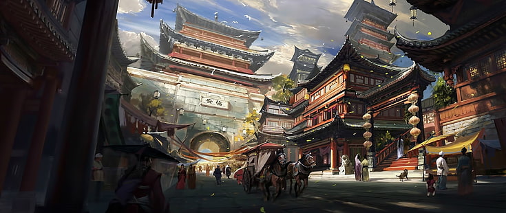 wielokolorowa pagoda cyfrowa tapeta, ultraszeroki, miasto fantasy, grafika, sztuka fantasy, Chiny, Tapety HD HD wallpaper