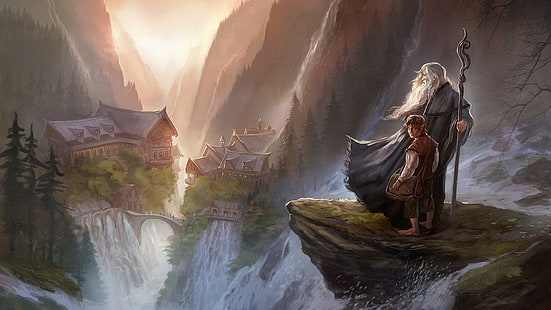 Fondo de pantalla de El señor de los anillos Bilbo Baggins y Gandalf, El señor de los anillos, Gandalf, El hobbit, Imladris, Rivendell, arte de fantasía, películas, Bilbo Baggins, Fondo de pantalla HD HD wallpaper