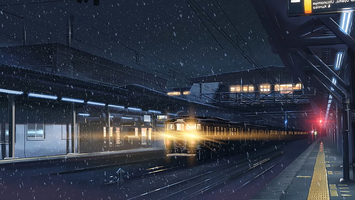 5 Centimeters Per Second, anime, Lights, Makoto Shinkai, night, snow, Train, Train Station, winter, HD wallpaper