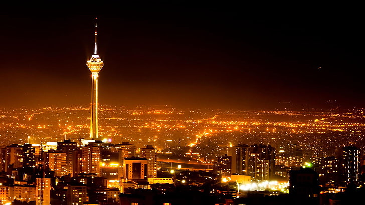 Тегеран, Иран, город, башня, город, городской пейзаж, ночь, городской район, мегаполис, горизонт, ориентир, небо, небоскреб, центр города, освещение, HD обои