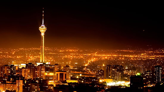 テヘラン、イラン、シティ、タワー、ナイト、首都圏、都市景観、夜、市街地、大都市、スカイライン、ランドマーク、空、高層ビル、ダウンタウン、照明、 HDデスクトップの壁紙 HD wallpaper