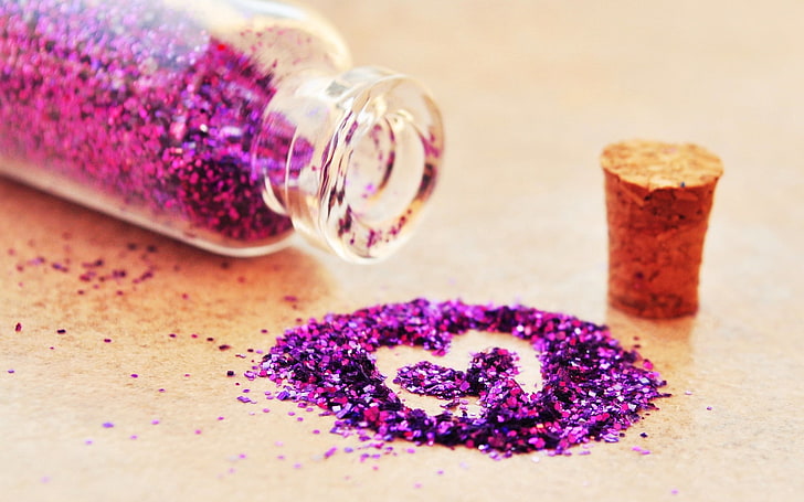 purple glitters, sequins, bottle, cork, heart, illustration, HD wallpaper