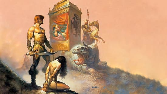 Boris Vallejo, guerriero, uomini, donne, creature, catene, arte fantasy, opere d'arte, Sfondo HD HD wallpaper