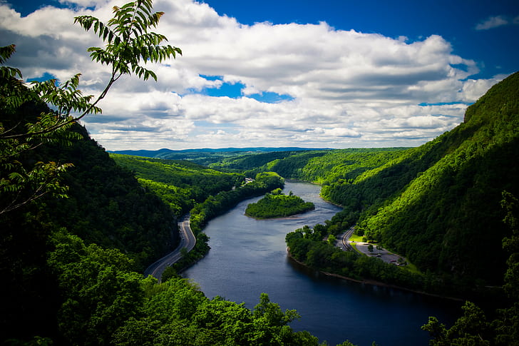 пейзажна снимка на река между мунатани, пейзаж, снимка, река, небе, Delaware Water Gap, NJ, Ню Джърси, туризъм, природа, лято, живопис, зелен цвят, на открито, планина, вода, дърво, HD тапет