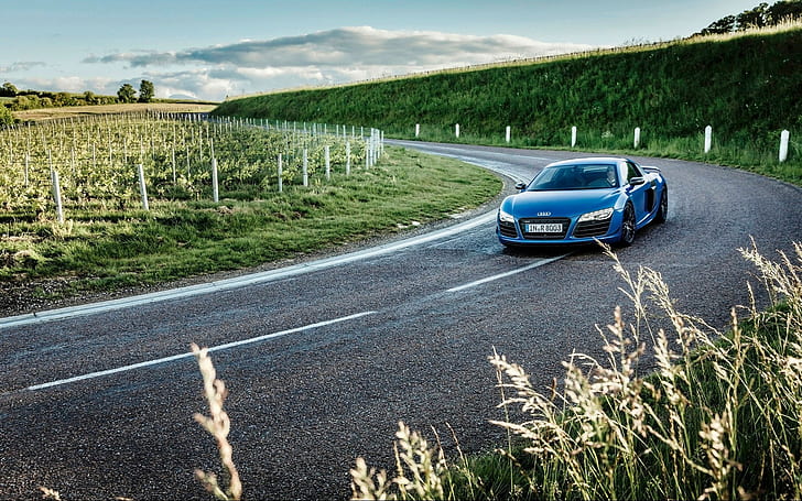 кола, Audi, Audi R8, път, растения, поле, Audi R8 Тип 42, Audi R8 GT, изглед отпред, Завой, HD тапет