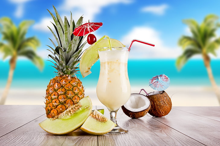 pineapple, sea, the sky, clouds, cherry, palm trees, table, glass, coconut, cocktail, summer, pineapple, food, tube, skewer, HD wallpaper