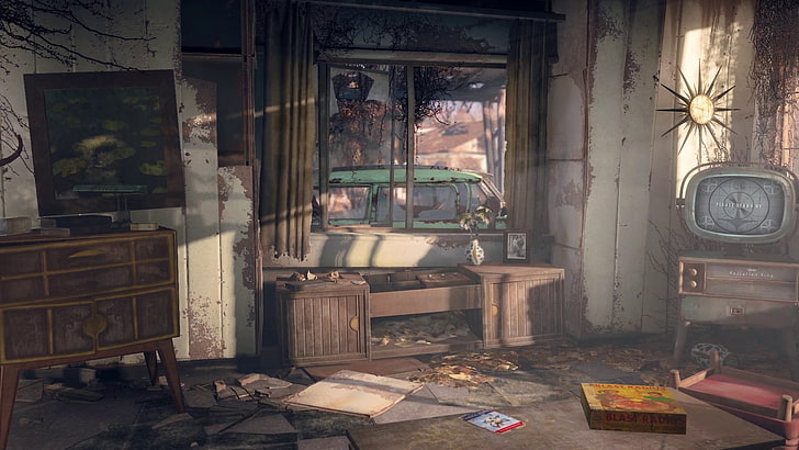 finestra di vetro aperta accanto a CRT TV sfondo digitale, videogiochi, Fallout, Fallout 4, Sfondo HD