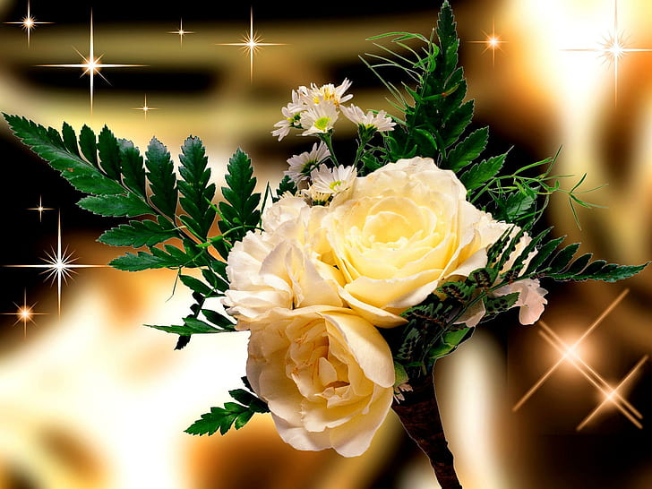 Buquê de rosas amarelas, lindo, amarelo, rosas, estrelas, perfume, agradável, folhas, lindas, flores, perfumado, bonito, presente, 3d e um, HD papel de parede