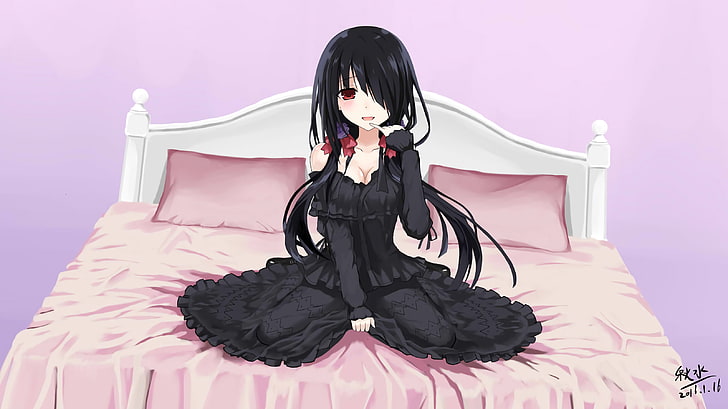 anime, anime girls, Date A Live, Tokisaki Kurumi, cheveux longs, cheveux noirs, chemise ouverte, lit, Fond d'écran HD