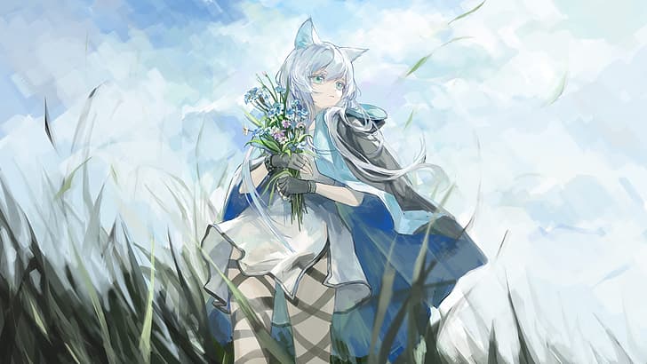 Arknights อะนิเมะ สาวอะนิเมะ ผมขาว Rosmontis (Arknights) ดอกไม้ ถุงมือไร้นิ้ว สาวแมว หูแมว ท้องฟ้า, วอลล์เปเปอร์ HD