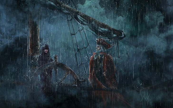 Пиратский дождевой корабль Schooner Storm Drawing HD, экранная графика пиратов, фэнтези, рисунок, дождь, шторм, корабль, пиратский, шхуна, HD обои