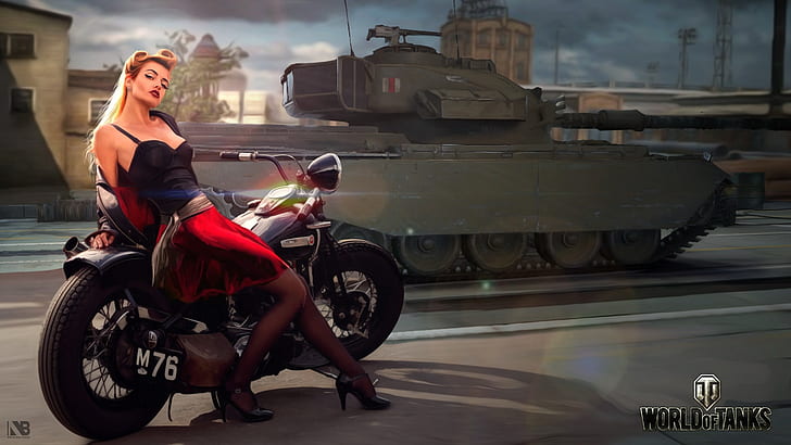ulica, dziewczyna, miasto, postać, sztuka, motocykl, czołg, rower, brytyjska, średnia, World of Tanks, Nikita Bolyakov, Centurion Action X, Tapety HD
