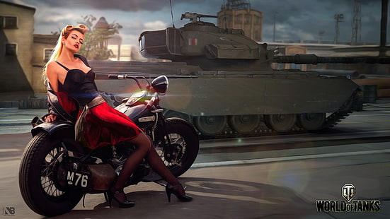 дорога, девушка, город, фигура, арт, мотоцикл, танк, байк, британец, средний, World of Tanks, Никита Боляков, Centurion Action X, HD обои HD wallpaper