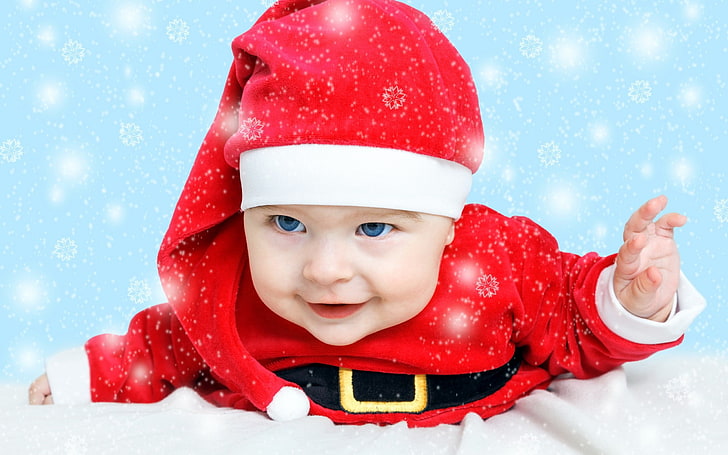かわいい小さな男の子サンタ、赤ちゃんの赤いサンタクロースの衣装、赤ちゃん、青、サンタクロース、かわいい、目、男の子、小さな、 HDデスクトップの壁紙