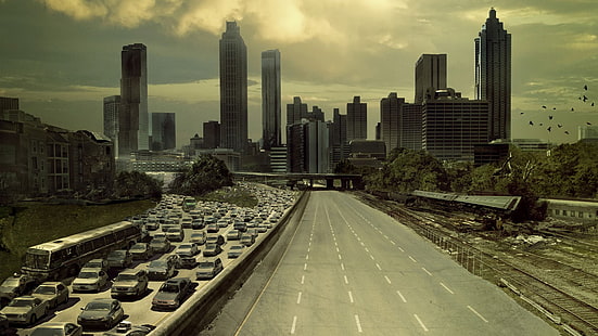 The Walking Dead, ละครโทรทัศน์, เมือง, รถยนต์, ยานพาหนะ, มืด, สยองขวัญ, คนเดินตาย, ละครโทรทัศน์, เมือง, รถยนต์, ยานพาหนะ, มืด, สยองขวัญ, วอลล์เปเปอร์ HD HD wallpaper