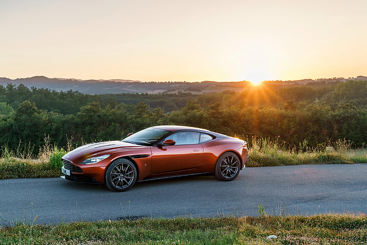 czerwony Aston Martin DBS, aston martin, db11, widok z boku, zachód słońca, Tapety HD