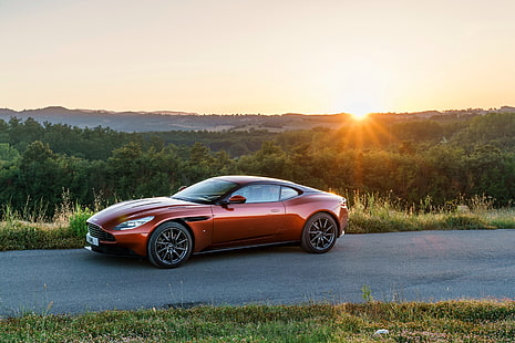 czerwony Aston Martin DBS, aston martin, db11, widok z boku, zachód słońca, Tapety HD HD wallpaper