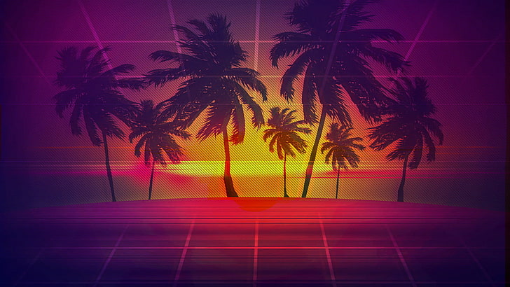 Retro style, palm trees, vaporwave, HD wallpaper