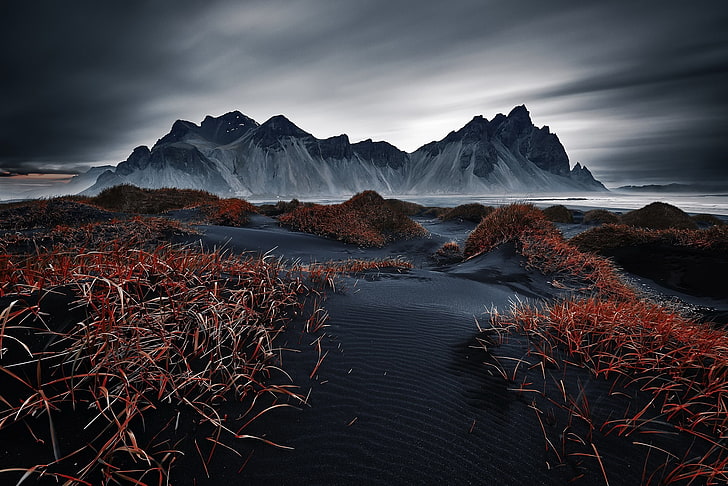 ภาพประกอบใบไม้แดงไอซ์แลนด์มืดท้องฟ้าธรรมชาติภูมิทัศน์, วอลล์เปเปอร์ HD