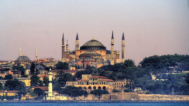 orange dome building, Turkey, mosque, Istanbul, Hagia Sophia, cityscape, HD wallpaper