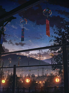 anime, natura, lanterna, buio, cielo, stelle, Sfondo HD HD wallpaper