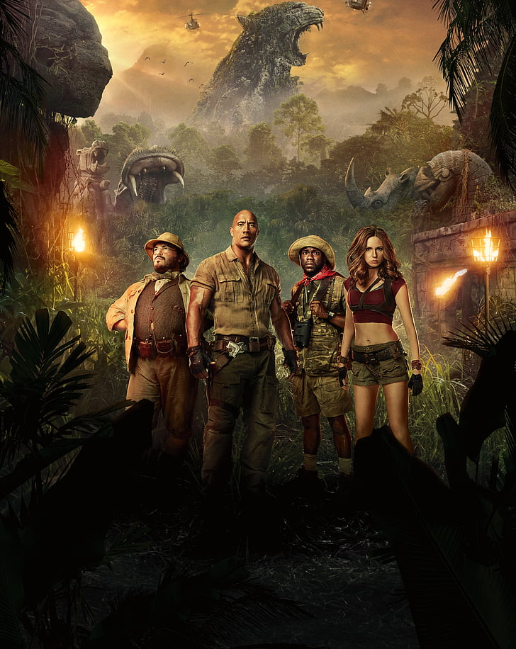 plakat filmowy, Jumanji: Welcome to the Jungle, Jack Black, Dwayne Johnson, Kevin Hart, Karen Gillan, 4K, Tapety HD, tapety na telefon