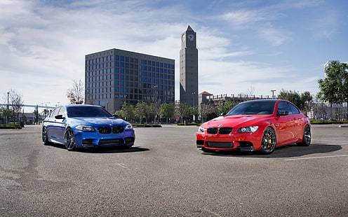 BMW M5 และ M3 รถเก๋ง BMW สีแดงและสีน้ำเงิน 2 คัน bmw, m5, f10, M3, E92, มอนติคาร์โลสีน้ำเงิน, แดง, วอลล์เปเปอร์ HD HD wallpaper