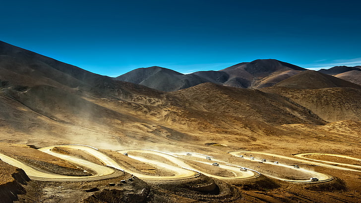 brown mountain, road, mountains, machine, China, dust, Tibet, HD wallpaper