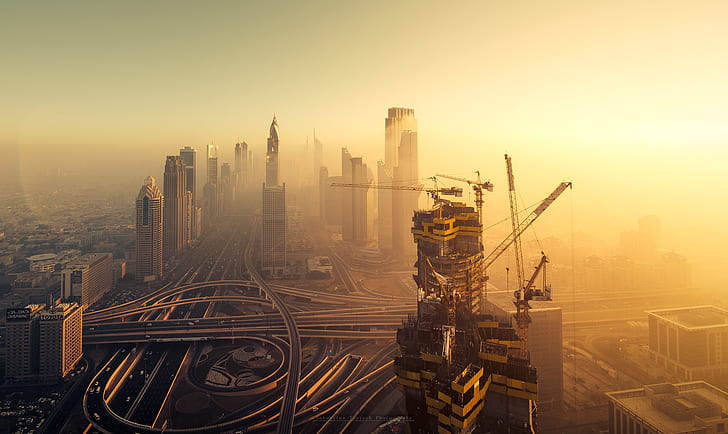 Cities, Dubai, Building, City, Fog, Highway, Skyscraper, Sunset, United Arab Emirates, HD wallpaper