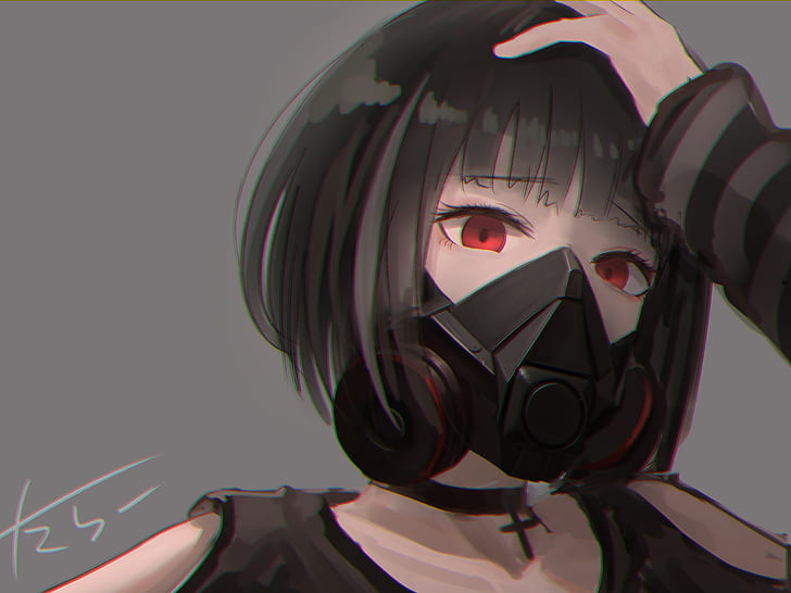 Anime, Original, Cabello negro, Chica, Máscara de oxígeno, Ojos rojos, Fondo de pantalla HD