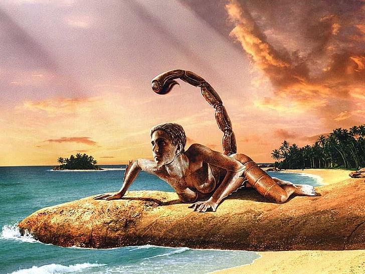 Signos del zodiaco, estatua de escorpión de mujer de hormigón marrón, arte y creatividad, Fondo de pantalla HD