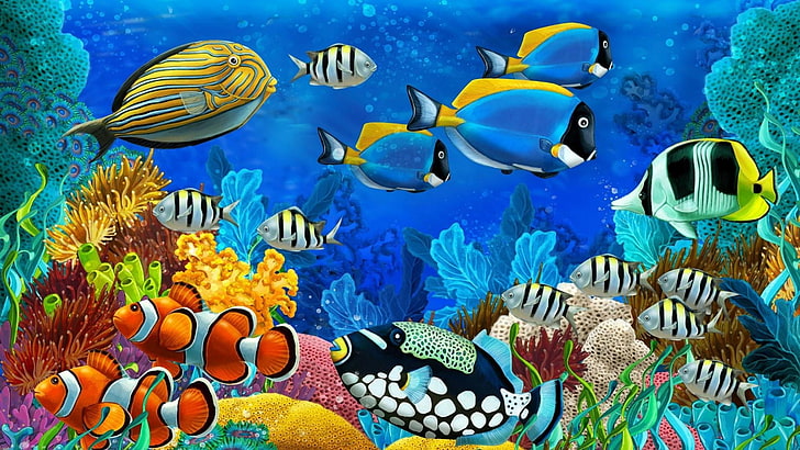 poisson, eau, bleu, illustration, monde sous-marin, coloré, poissons, poisson de récif corallien, corail, poisson clown, ouvrages d'art, art, Fond d'écran HD
