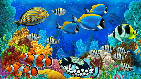 fish, water, blue, illustration, underwater world, colorful, fishes, coral reef fish, coral, clownfish, artwork, art, HD wallpaper HD wallpaper