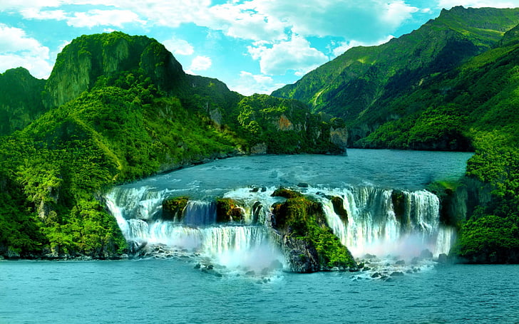 arboles, cascada, naturaleza, rio, tropis, Wallpaper HD