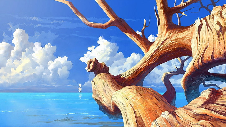 tronco de árbol de madera marrón sobre cuerpo azul de pintura de agua, obras de arte, árboles, barco, mar, nubes, cian, horizonte, Fondo de pantalla HD