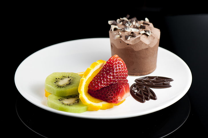 chocolate with sliced fruits, ice cream, dessert, strawberry, kiwi, orange, chocolate, plate, HD wallpaper