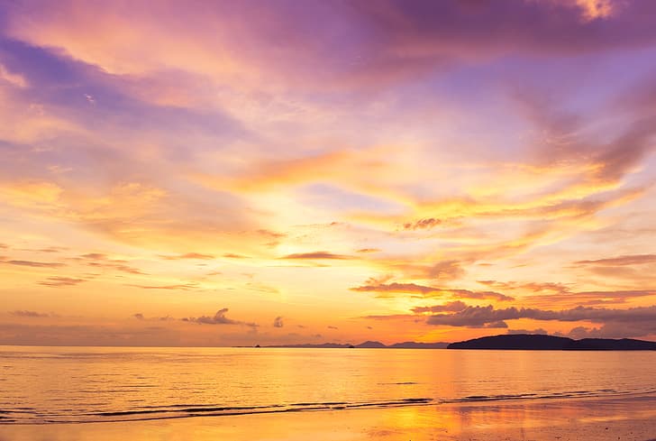 sable, mer, vague, plage, été, coucher de soleil, rose, paysage marin, beau, violet, Fond d'écran HD