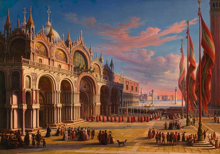 brown castle painting, artwork, painting, classic art, traditional art, Carl Ludwig Rundt, Venice, Italy, architecture, town square, people, crowds, flag, clouds, HD wallpaper