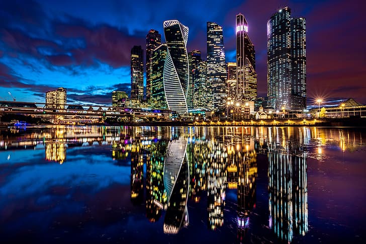 riflessione, fiume, edificio, casa, Mosca, Russia, città di notte, grattacieli, Moscow-City, Il fiume di Mosca, Сергей Садов, Sfondo HD