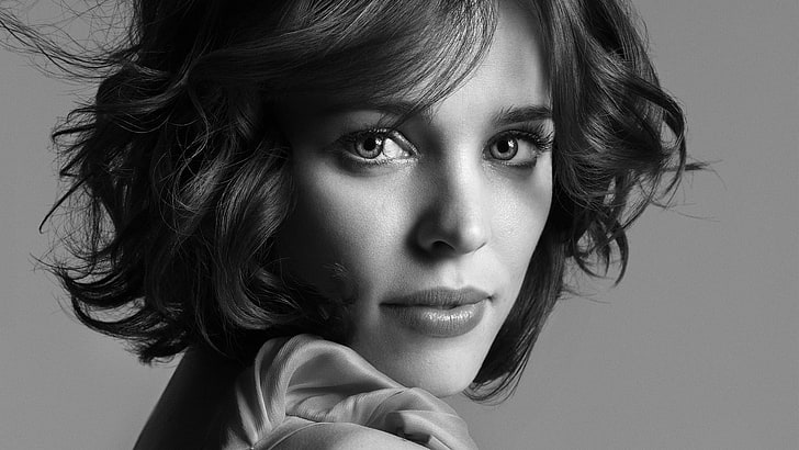 grayscale photo of woman's face, rachel mcadams, face, actress, black and white, HD wallpaper