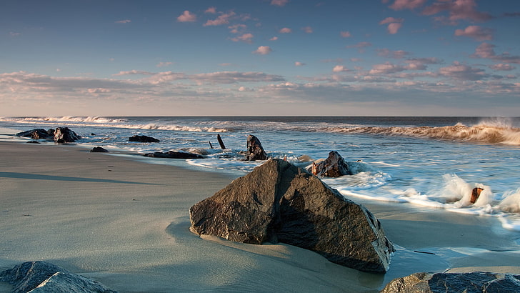black coastal rocks, sand, sea, wave, water, stones, the ocean, the wind, shore, landscapes, stone, beaches, HD wallpaper