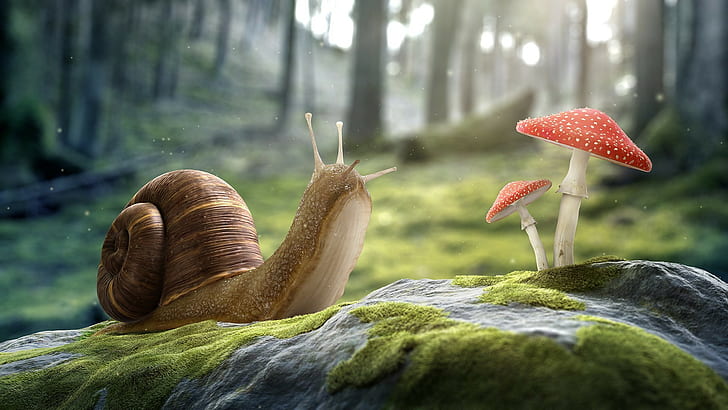digital art artwork cgi 3d nature stones snail mushroom trees forest macro worms eye view depth of field moss, HD wallpaper