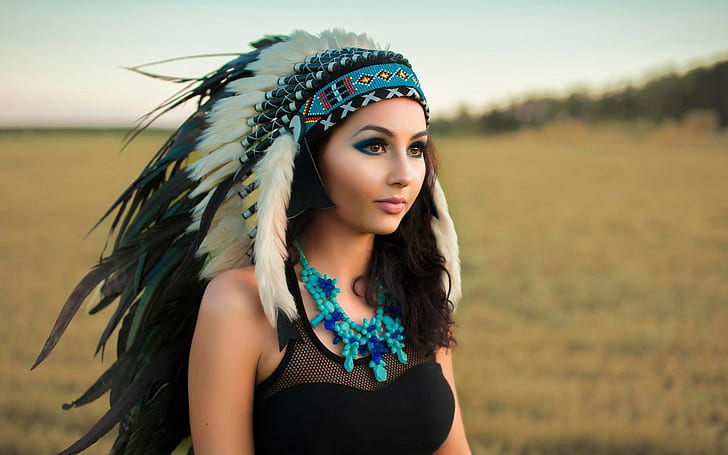 Roupas pretas, azul, penas, touca, indiano, nativos americanos, pele lisa, HD papel de parede
