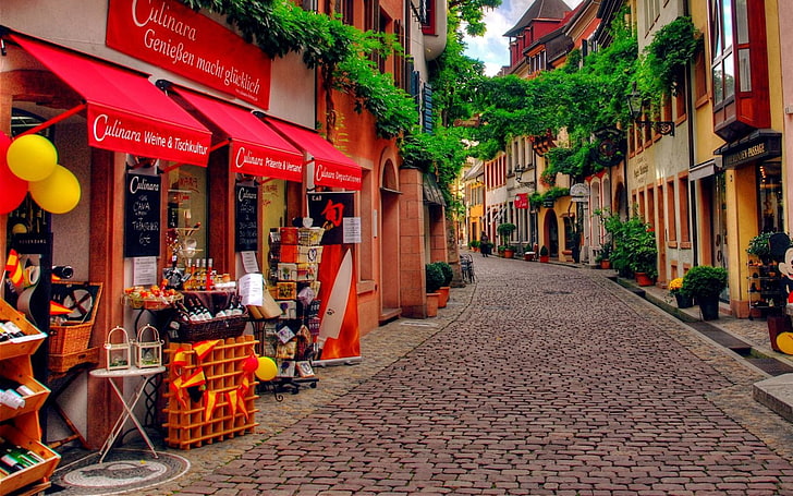 brunt träkubstativ, gata, Tyskland, gränd, butiker, trottoarer, gammal byggnad, stad, stad, växter, lugn, röd, HD tapet